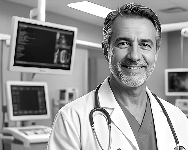 Médico sorrindo em uma clínica